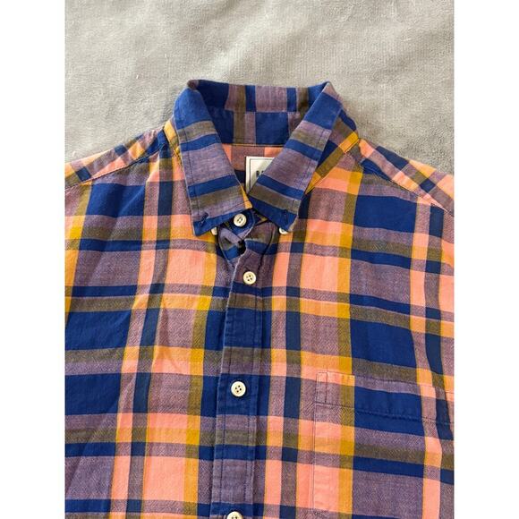 NWOT ROWM Size Large 100% Cotton Short Sleeve Plaid Shirt Peach Navy Blue Collar - Picture 4 of 8